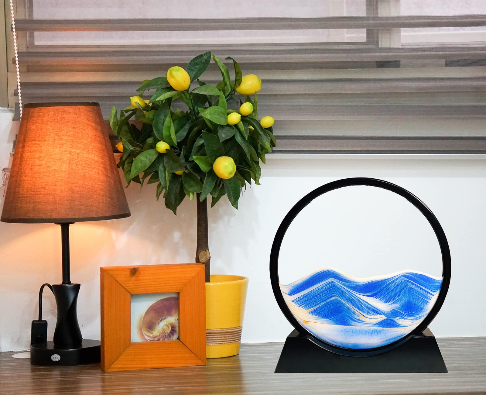 SANDCLE 7-Inch Blue Moving Sand Art Picture - Round Glass Desktop Relaxation Toy with 3D Deep Sea Effect
