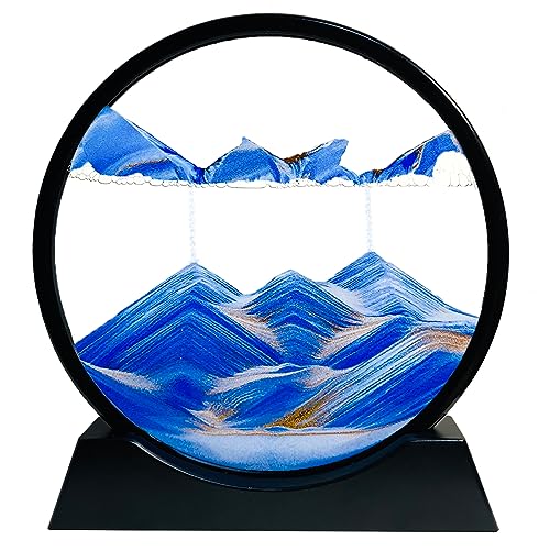 SANDCLE 7-Inch Blue Moving Sand Art Picture - Round Glass Desktop Relaxation Toy with 3D Deep Sea Effect