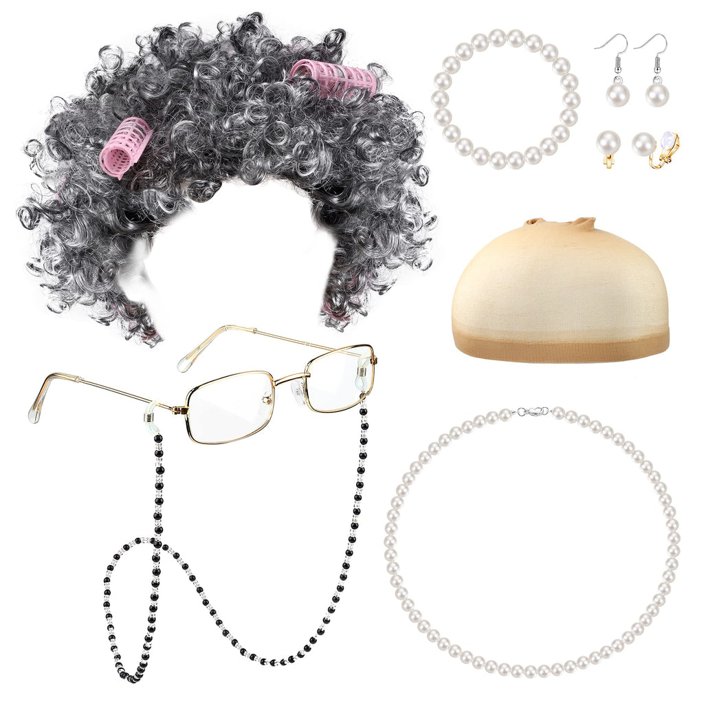 Sanfenly 14-Piece Grandma Costume Set: Granny Wig, Glasses, Faux Pearl Jewelry & Hair Rollers