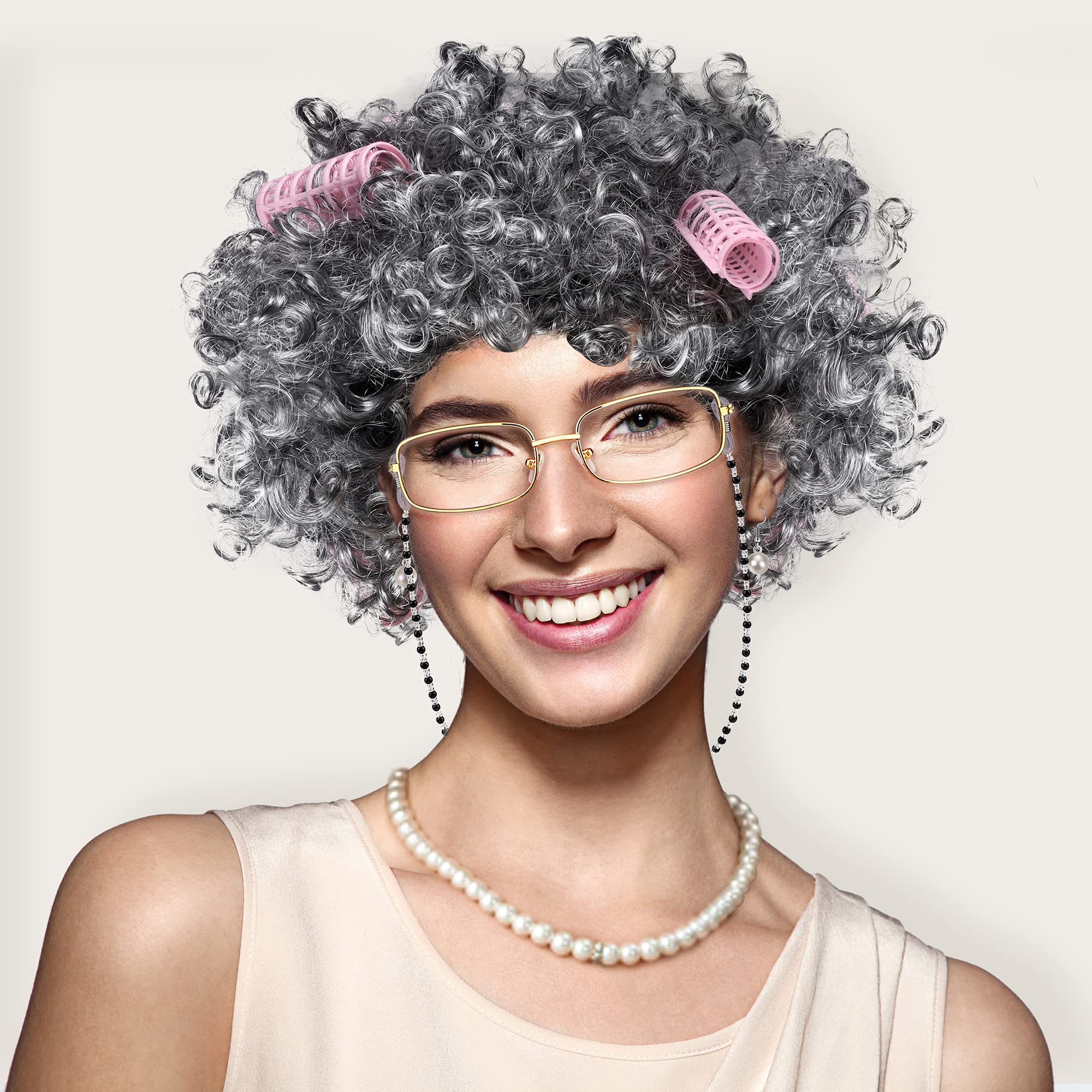 Sanfenly 14-Piece Grandma Costume Set: Granny Wig, Glasses, Faux Pearl Jewelry & Hair Rollers