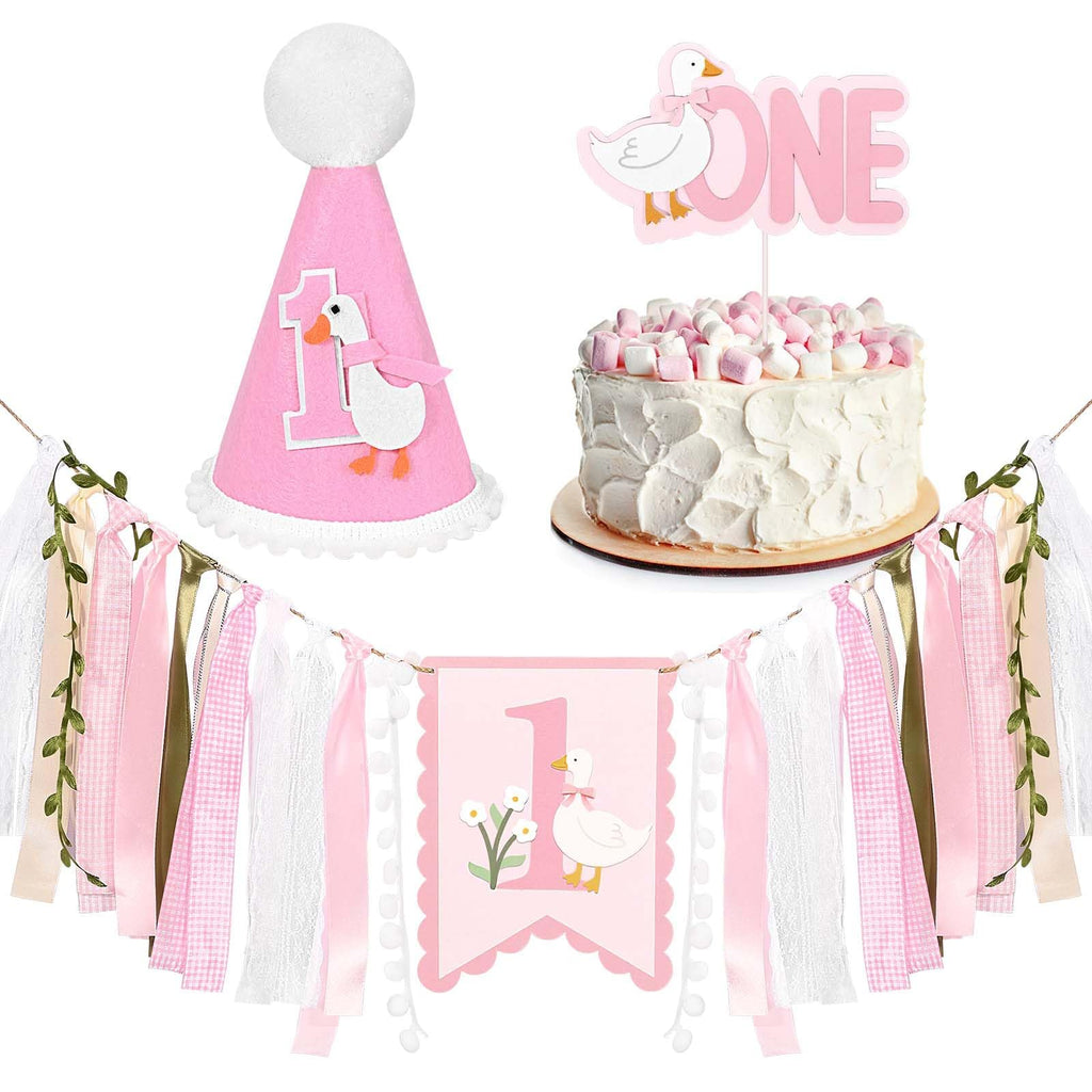 Sanixin Goose 1st Birthday Party Decoration Set – Highchair Banner, Hat & Cake Topper