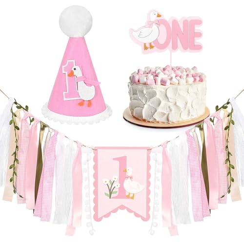 Sanixin Goose 1st Birthday Party Decoration Set – Highchair Banner, Hat & Cake Topper
