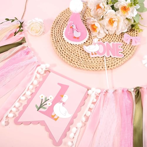 Sanixin Goose 1st Birthday Party Decoration Set – Highchair Banner, Hat & Cake Topper