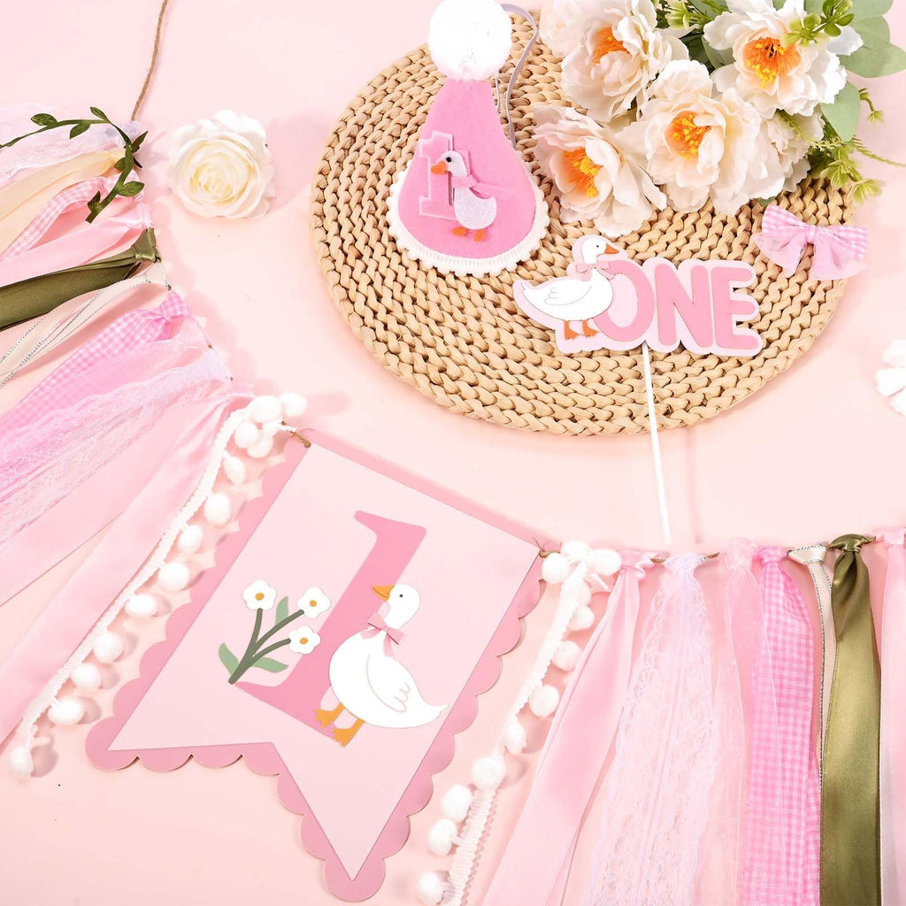 Sanixin Goose 1st Birthday Party Decoration Set – Highchair Banner, Hat & Cake Topper
