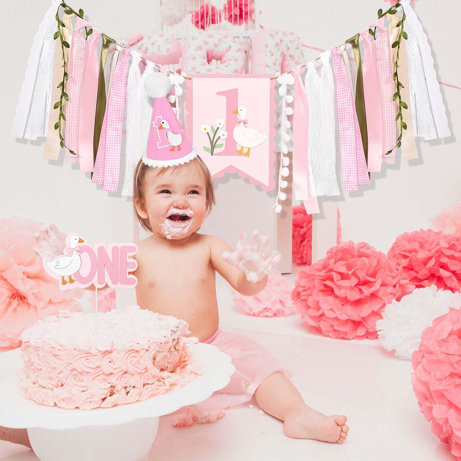 Sanixin Goose 1st Birthday Party Decoration Set – Highchair Banner, Hat & Cake Topper