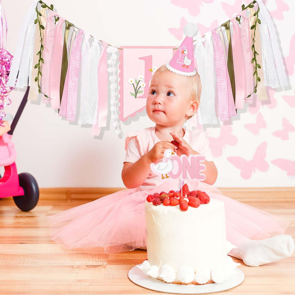Sanixin Goose 1st Birthday Party Decoration Set – Highchair Banner, Hat & Cake Topper