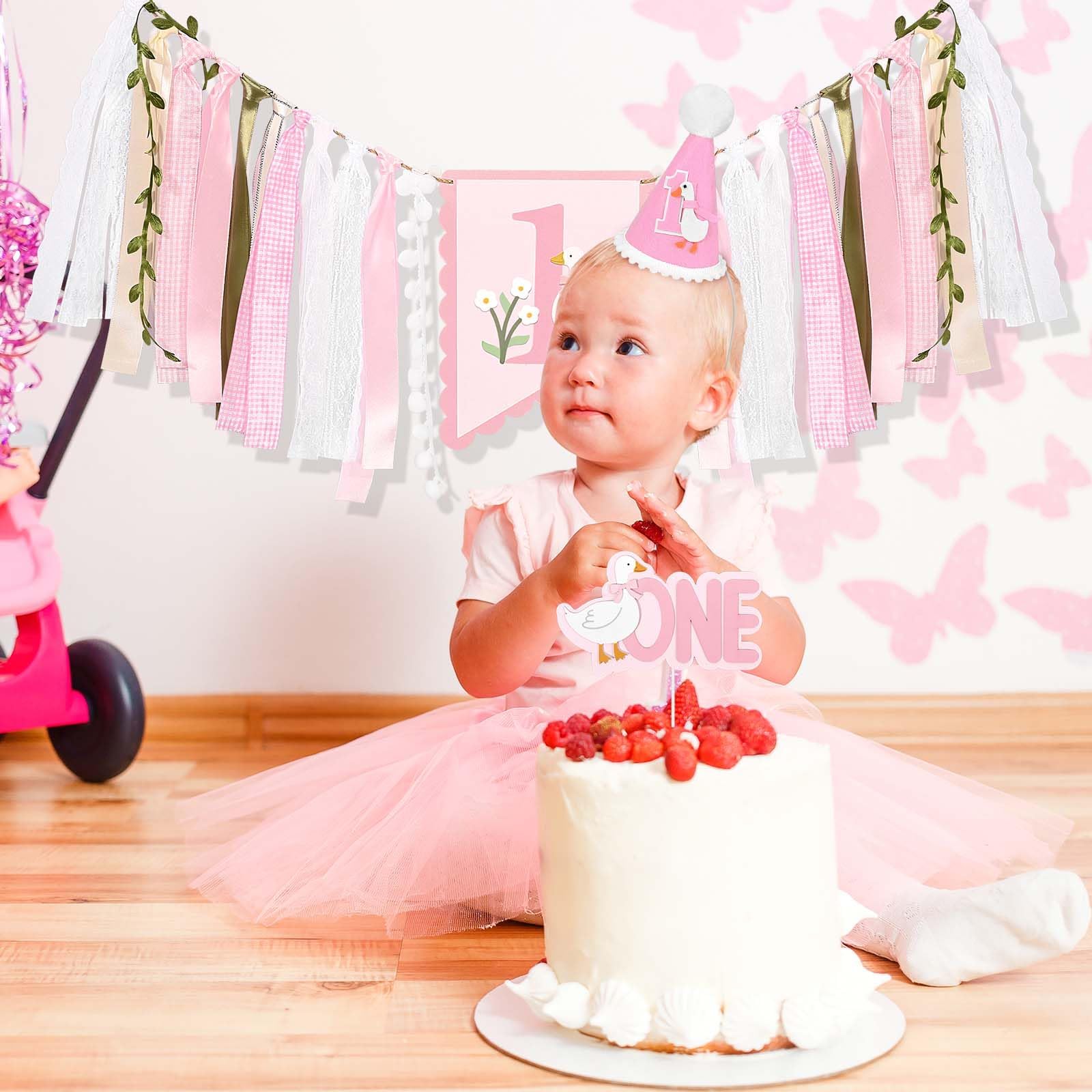 Sanixin Goose 1st Birthday Party Decoration Set – Highchair Banner, Hat & Cake Topper