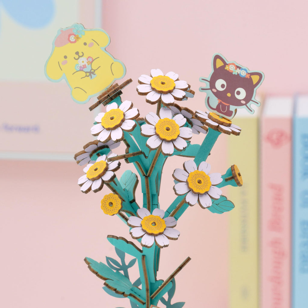 Sanrio Pompompurin & Chococat Chamomile 3D Wooden Puzzle Kit – Hands Craft DIY Model Flower