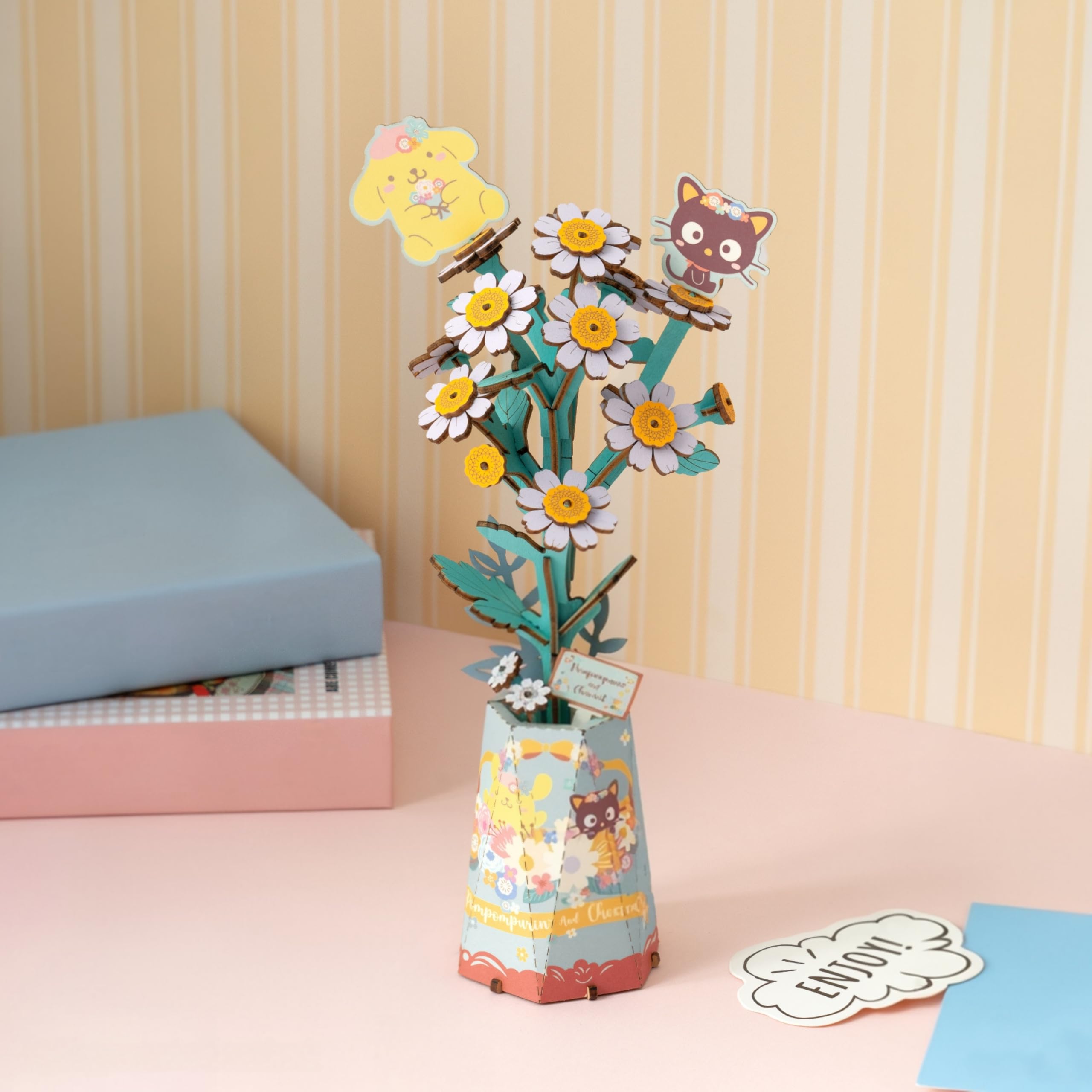 Sanrio Pompompurin & Chococat Chamomile 3D Wooden Puzzle Kit – Hands Craft DIY Model Flower