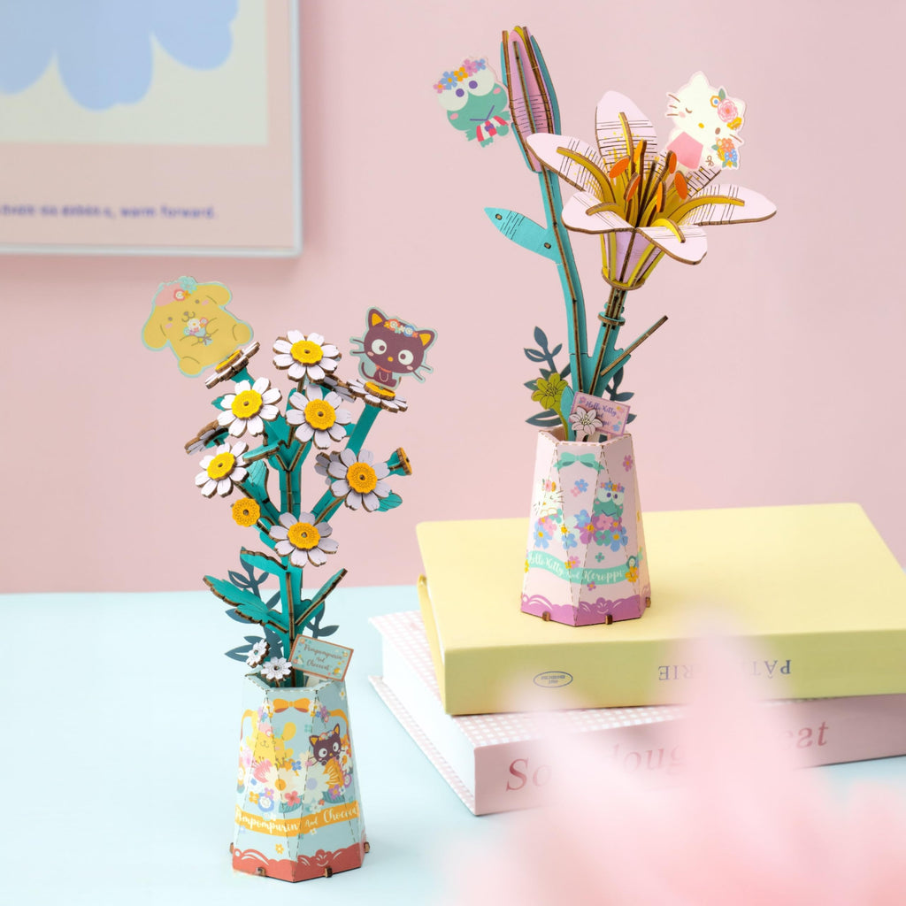 Sanrio Pompompurin & Chococat Chamomile 3D Wooden Puzzle Kit – Hands Craft DIY Model Flower