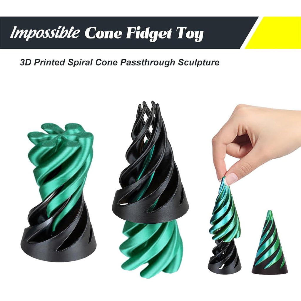 SANSGOUP Impossible Cone (3 Pack) – 3D Printed Spiral Cone Fidget Toy, Passthrough Sculpture, Laser Blue Green