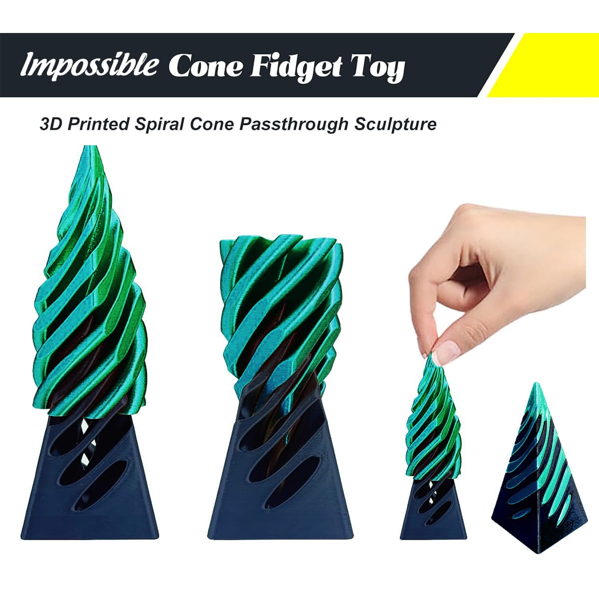 SANSGOUP Impossible Cone (3 Pack) – 3D Printed Spiral Cone Fidget Toy, Passthrough Sculpture, Laser Blue Green