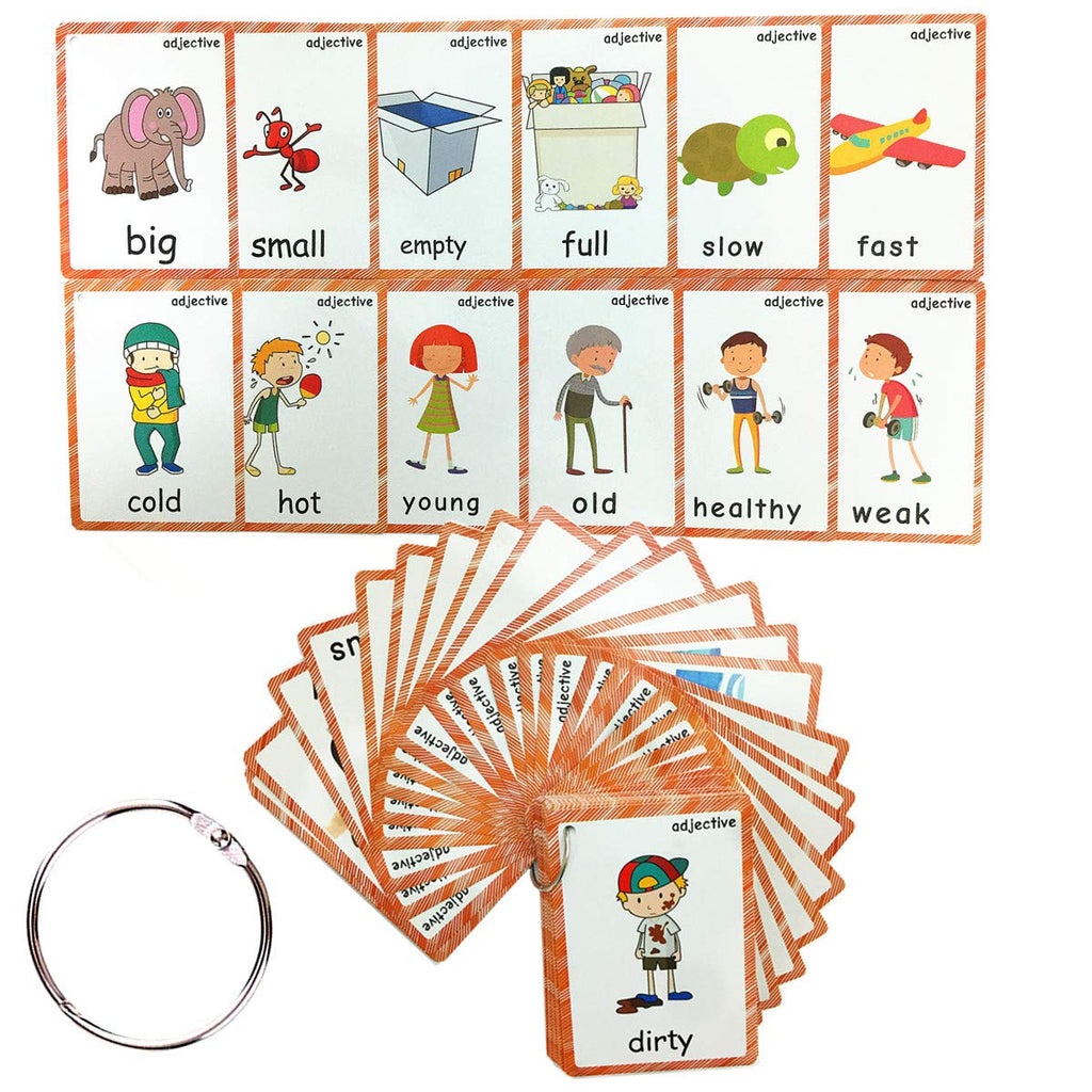 SANTSUN 47 Adjectives Flashcards for Toddlers – Mini Size, with Rings, for Pre-K & ESL