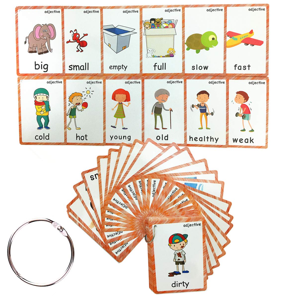 SANTSUN 47 Adjectives Flashcards for Toddlers – Mini Size, with Rings, for Pre-K & ESL