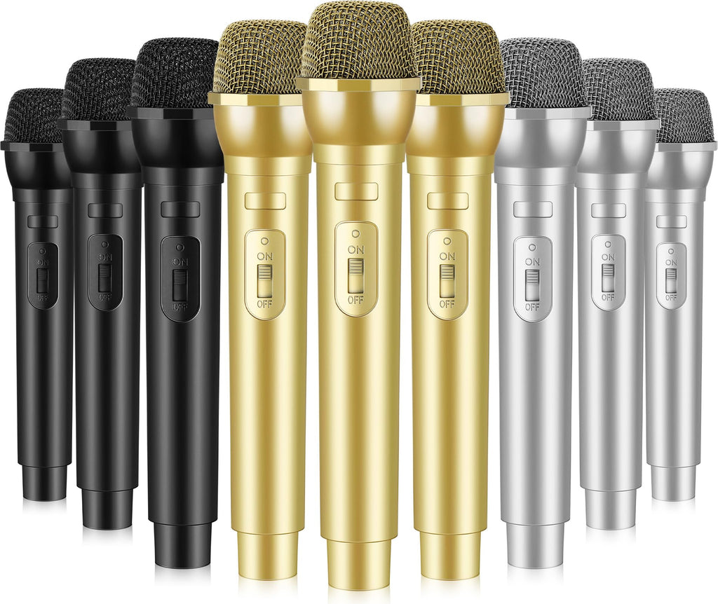 Sanwuta 3-Pack Fake Microphone Props - Gold, Silver, Black Plastic Stage Mics for Costume Parties, Karaoke, and Cosplay