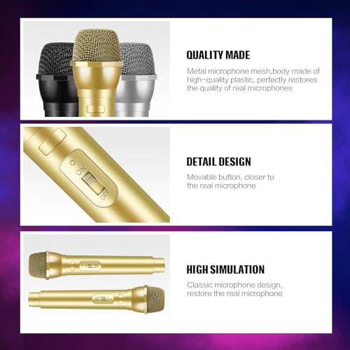 Sanwuta 3-Pack Fake Microphone Props - Gold, Silver, Black Plastic Stage Mics for Costume Parties, Karaoke, and Cosplay