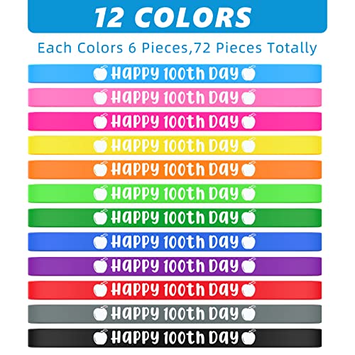 Sanwuta 72-Piece 100th Day of School Silicone Bracelets - 12 Colors, Bulk Pack for Classroom Party Favors