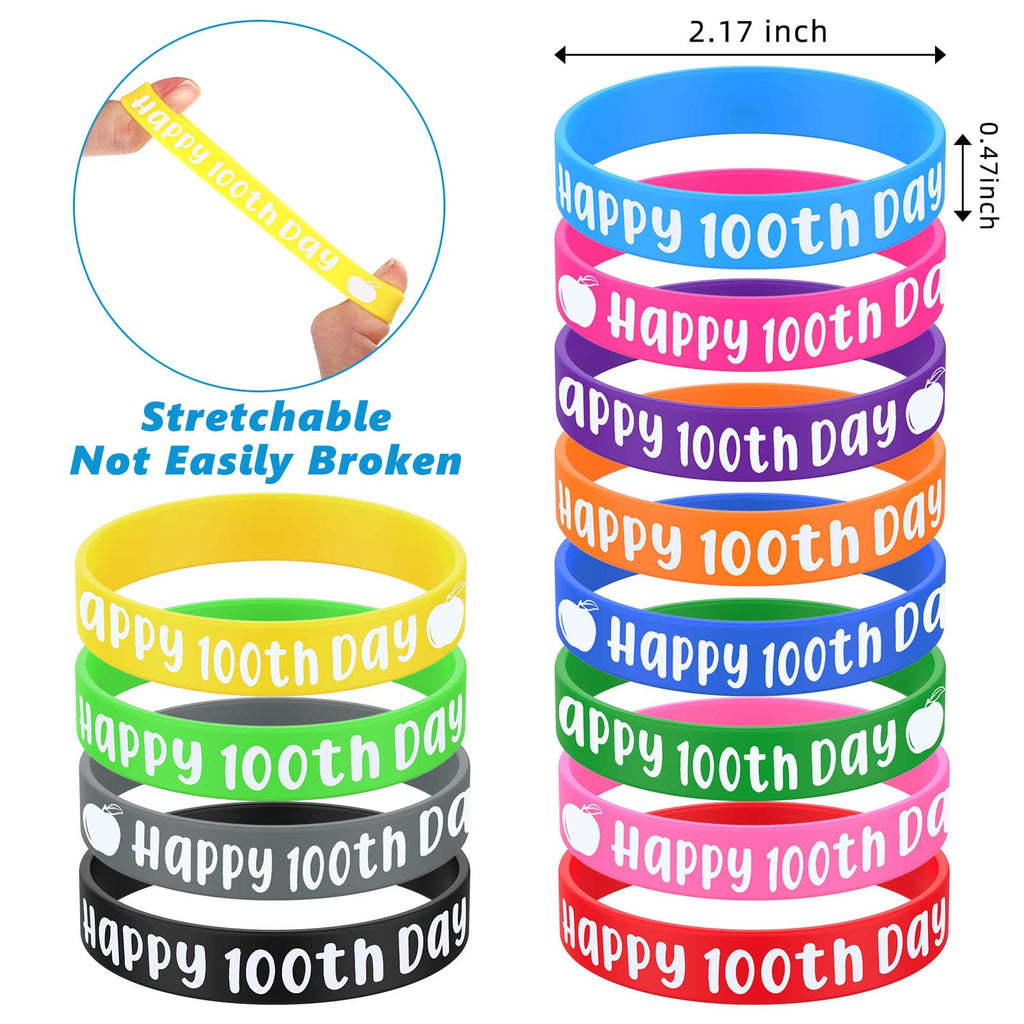Sanwuta 72-Piece 100th Day of School Silicone Bracelets - 12 Colors, Bulk Pack for Classroom Party Favors