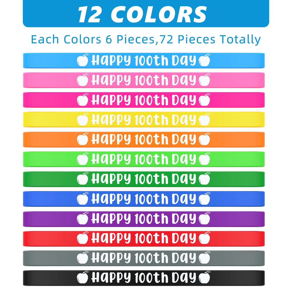 Sanwuta 72-Piece 100th Day of School Silicone Bracelets - 12 Colors, Bulk Pack for Classroom Party Favors