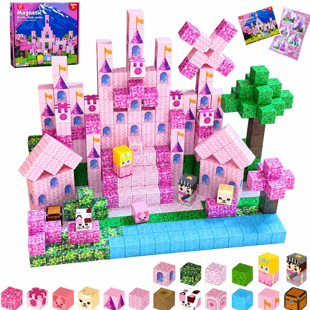 Satlasave Magnetic Blocks 100-Piece Set - Pink Castle STEM Building Toy for Kids Ages 3+