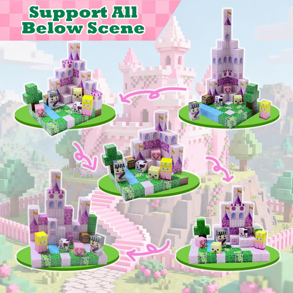Satlasave Magnetic Blocks 100-Piece Set - Pink Castle STEM Building Toy for Kids Ages 3+