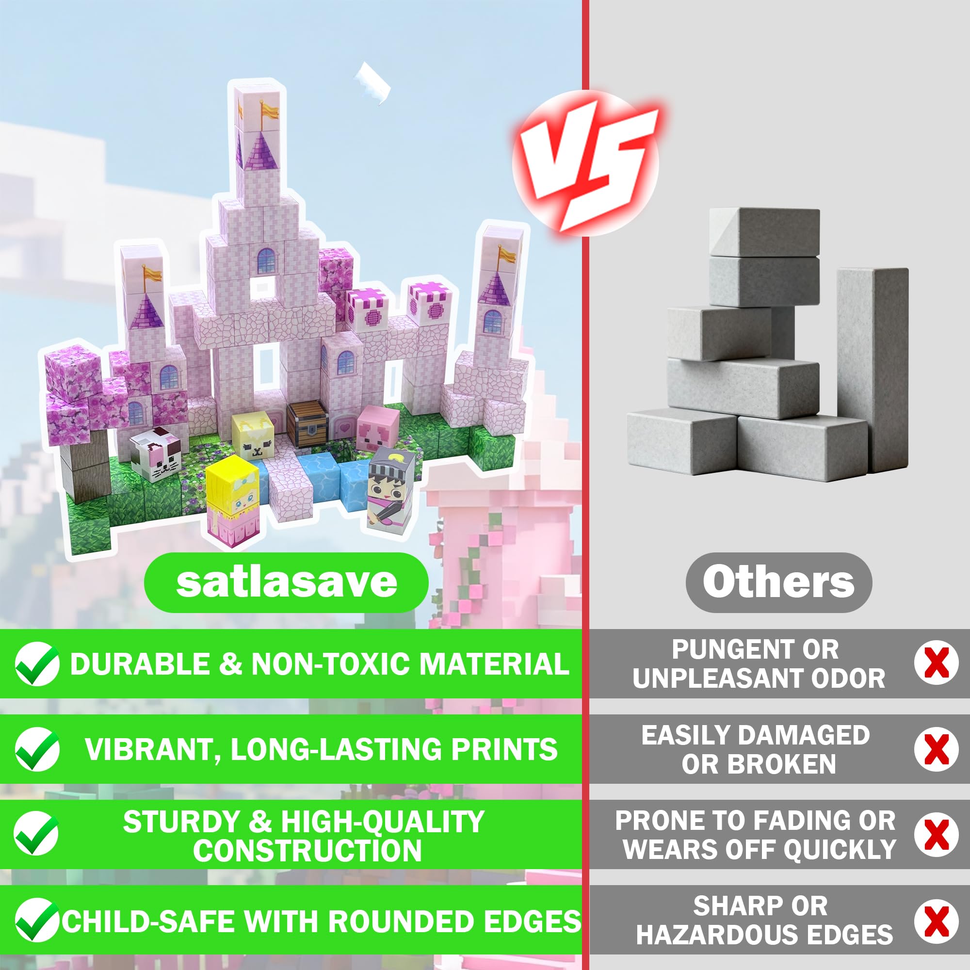 Satlasave Magnetic Blocks 100-Piece Set - Pink Castle STEM Building Toy for Kids Ages 3+