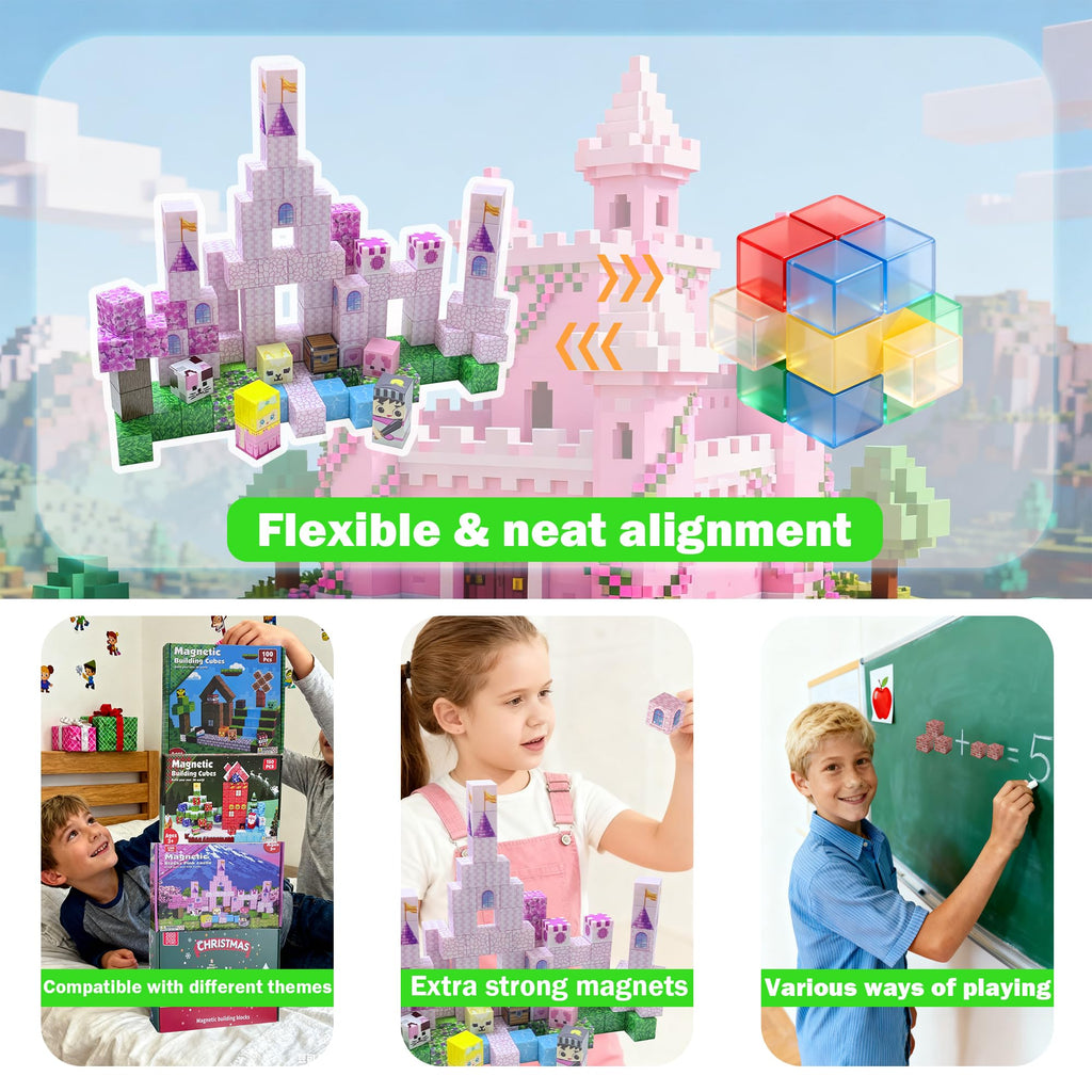 Satlasave Magnetic Blocks 100-Piece Set - Pink Castle STEM Building Toy for Kids Ages 3+