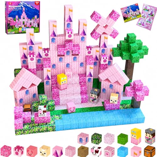 Satlasave Magnetic Blocks 100-Piece Set - Pink Castle STEM Building Toy for Kids Ages 3+