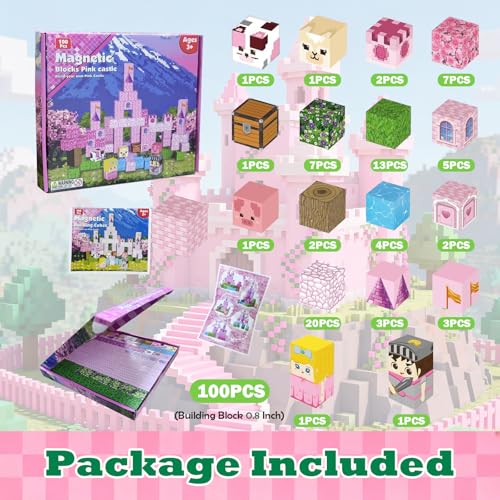 Satlasave Magnetic Blocks 100-Piece Set - Pink Castle STEM Building Toy for Kids Ages 3+