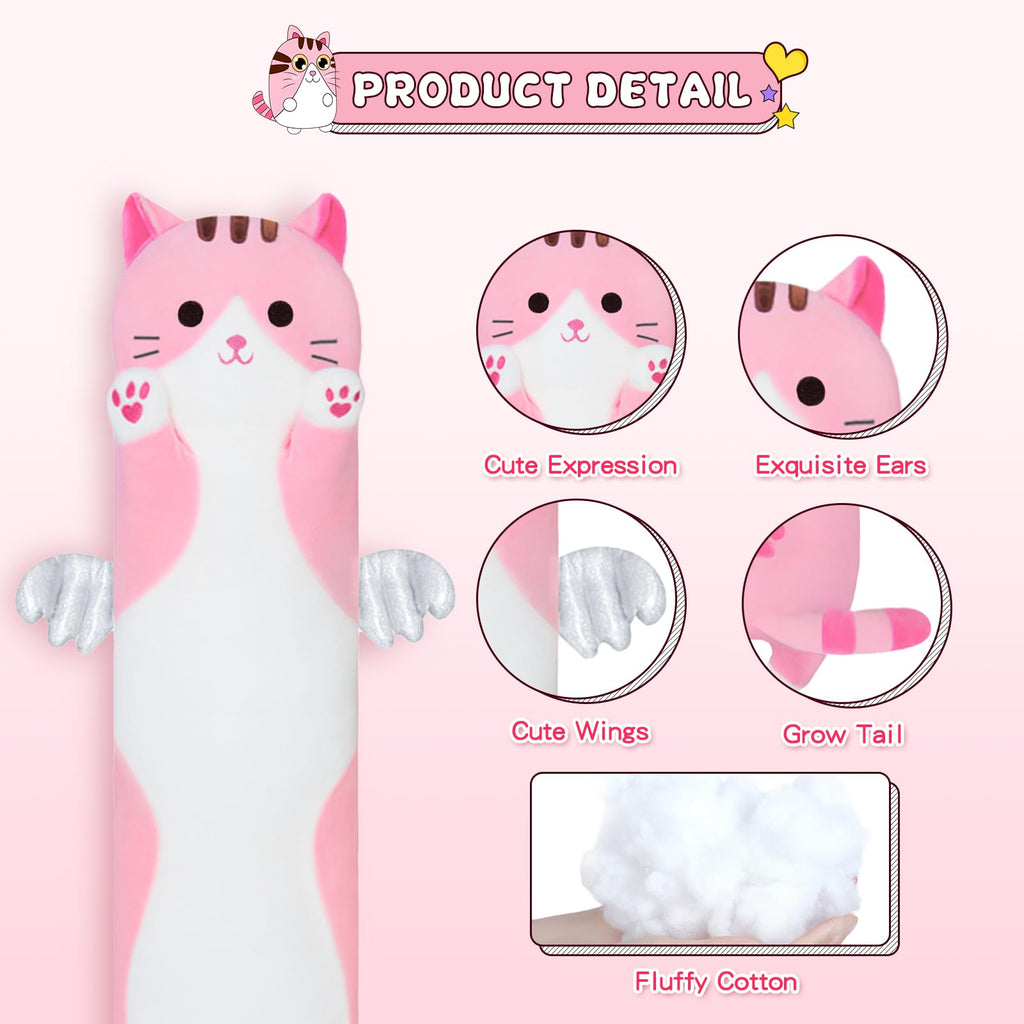 Sausudols 27.6-Inch Pink Long Cat Body Pillow - Soft Plush Stuffed Animal for Kids