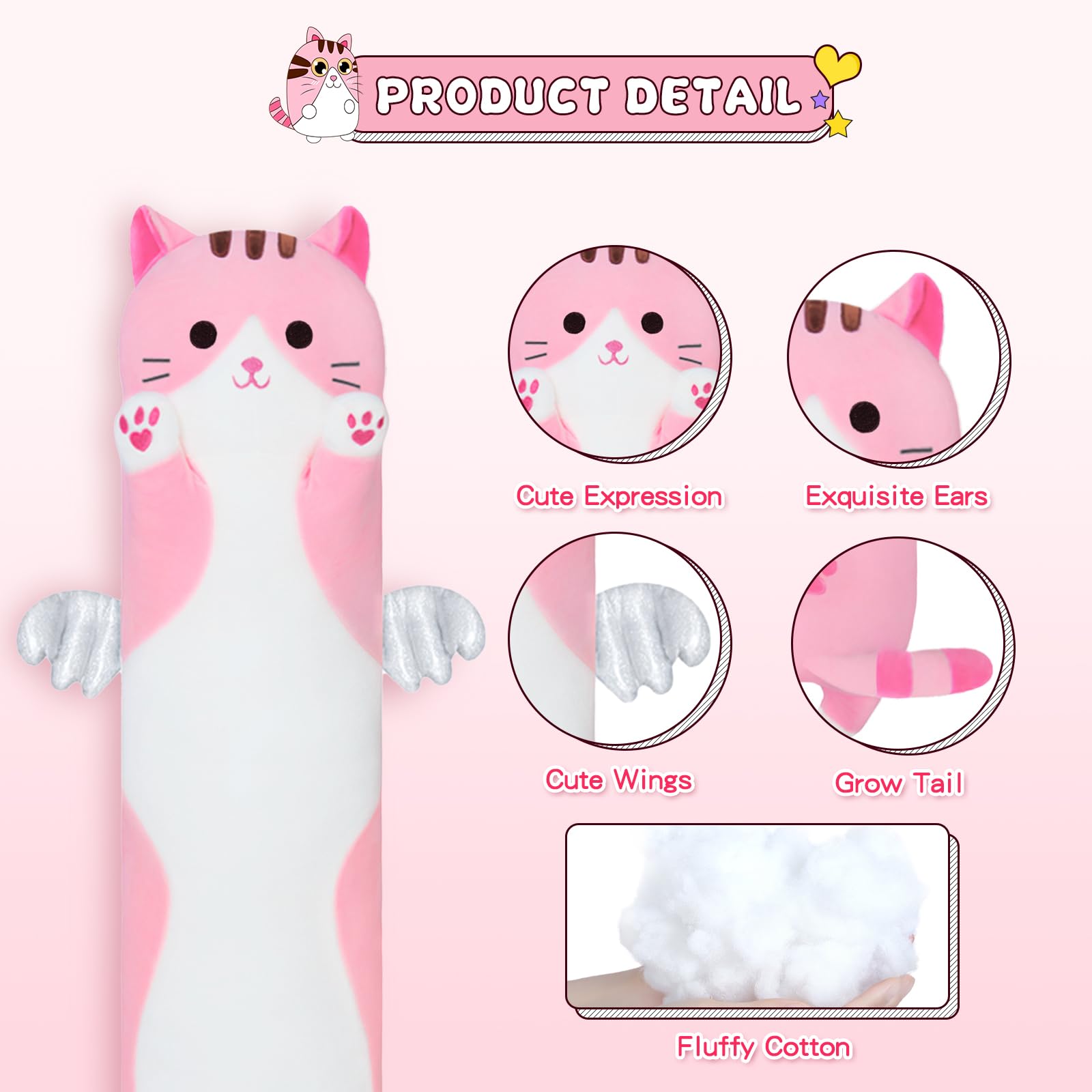 Sausudols 27.6-Inch Pink Long Cat Body Pillow - Soft Plush Stuffed Animal for Kids