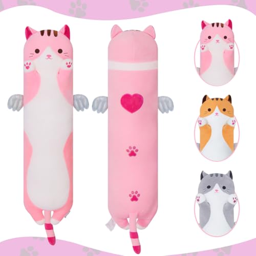 Sausudols 27.6-Inch Pink Long Cat Body Pillow - Soft Plush Stuffed Animal for Kids