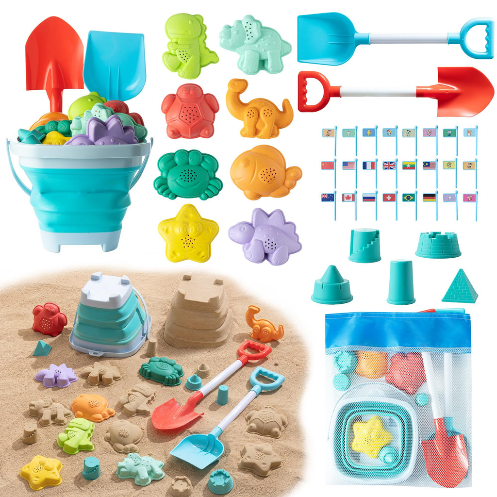 Sawaruita 41-Piece Beach Toy Set with Collapsible Bucket, Shovels, and Mesh Bag for Kids Ages 3-10