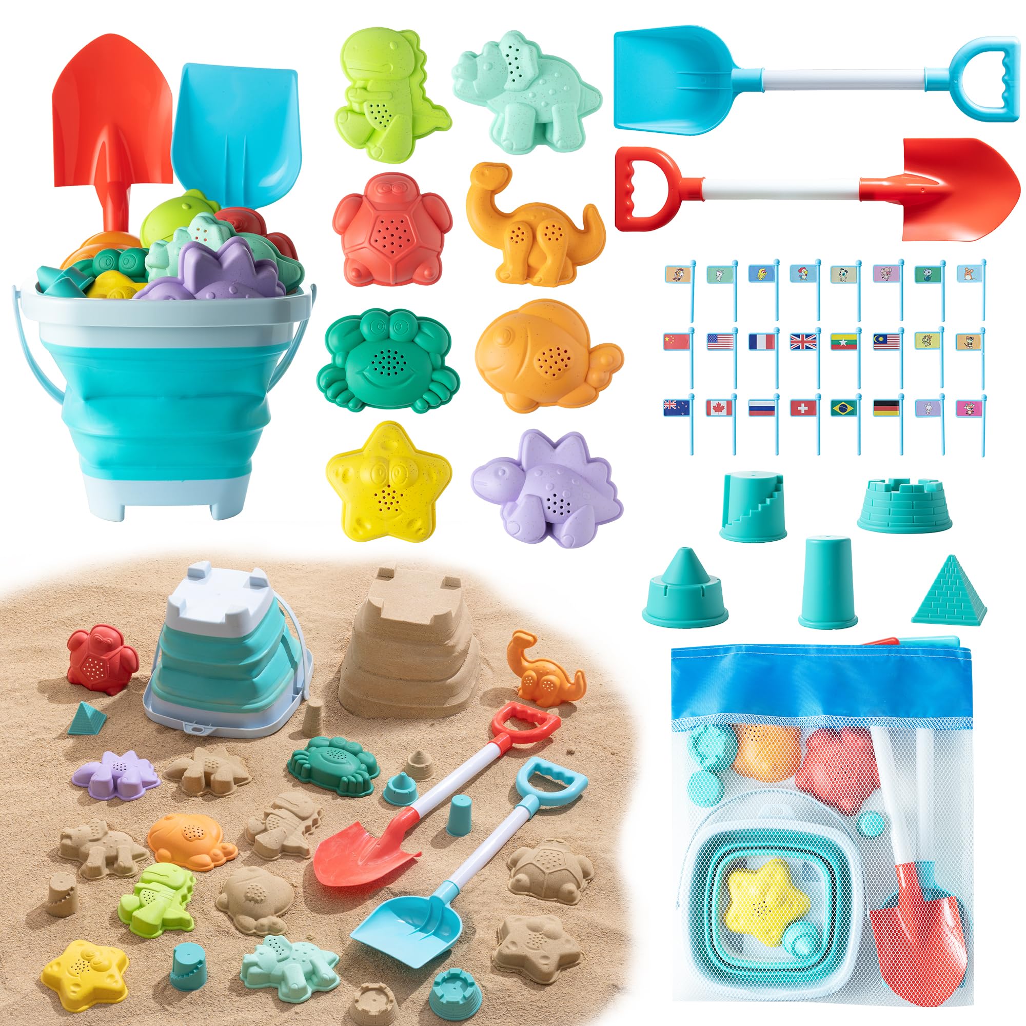 Sawaruita 41-Piece Beach Toy Set with Collapsible Bucket, Shovels, and Mesh Bag for Kids Ages 3-10
