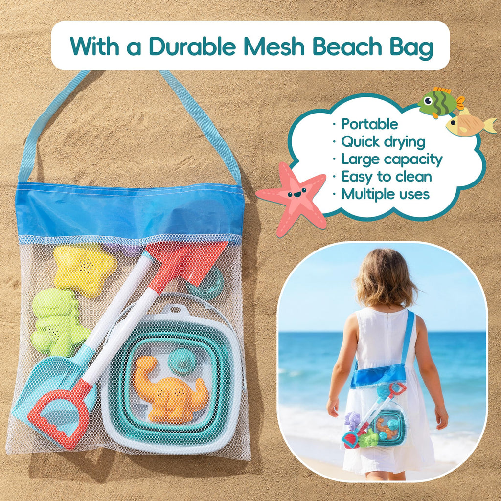 Sawaruita 41-Piece Beach Toy Set with Collapsible Bucket, Shovels, and Mesh Bag for Kids Ages 3-10