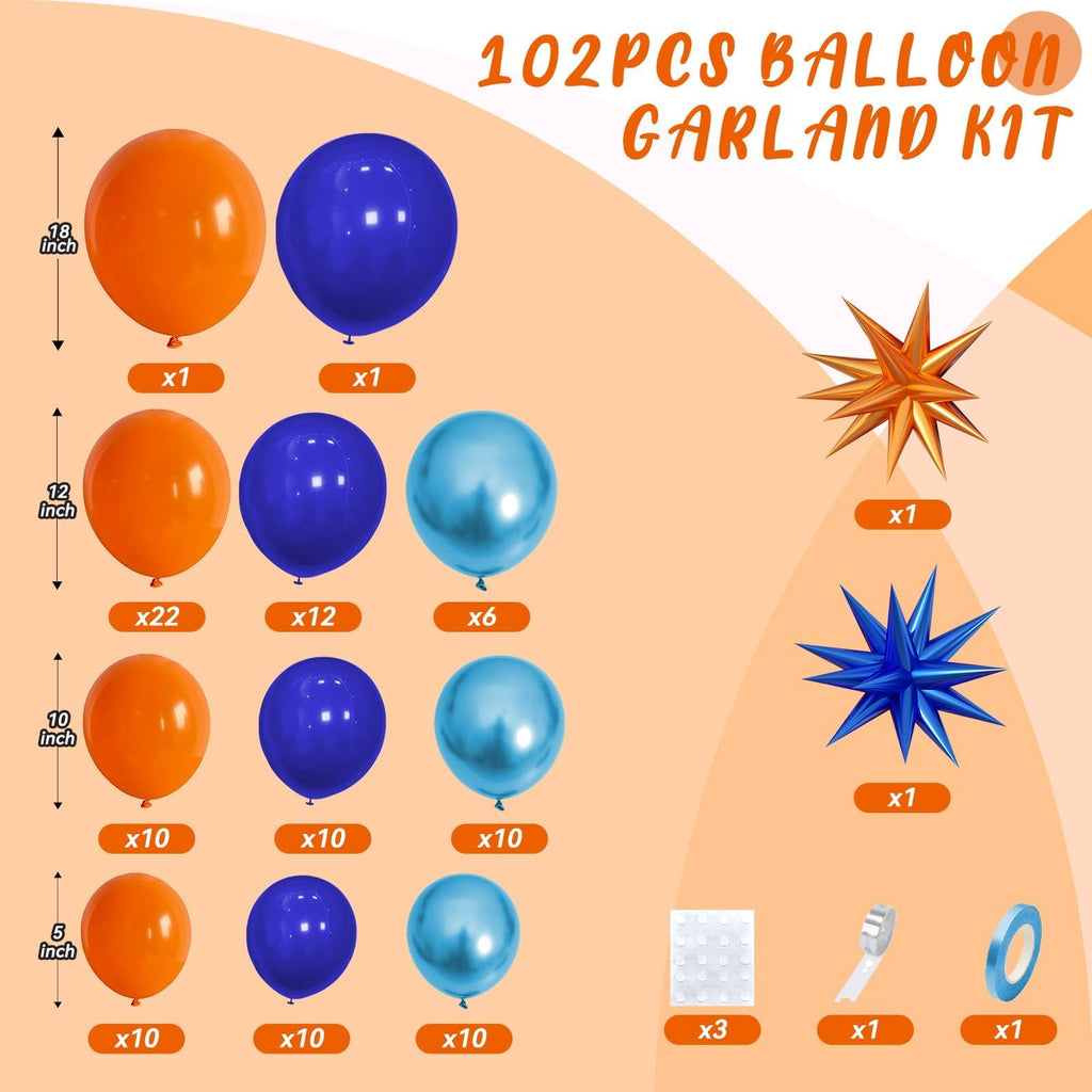 Saxuxu 102-Piece Orange and Blue Balloon Arch Garland Kit with Star Foil Balloons for Birthday, Graduation, Baby Shower Decorations