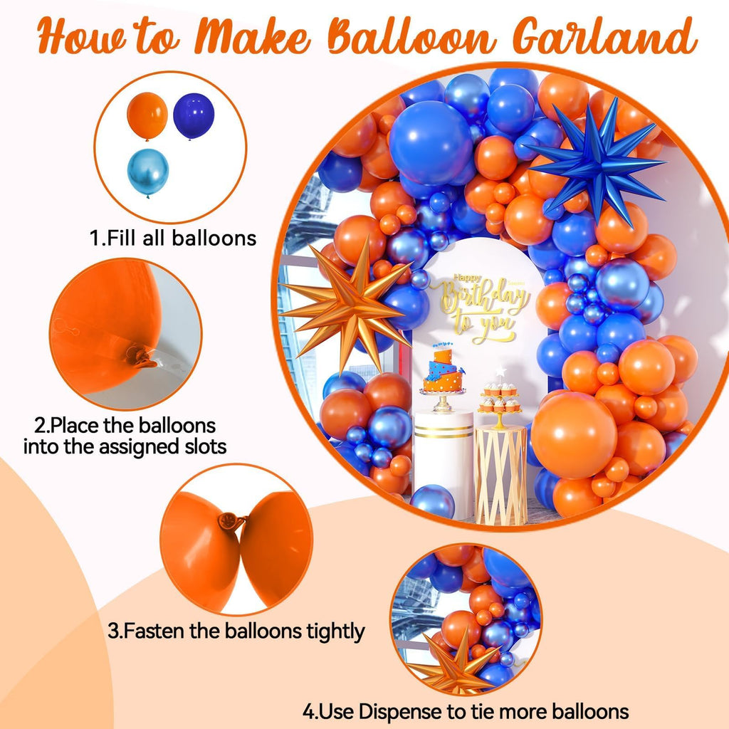 Saxuxu 102-Piece Orange and Blue Balloon Arch Garland Kit with Star Foil Balloons for Birthday, Graduation, Baby Shower Decorations