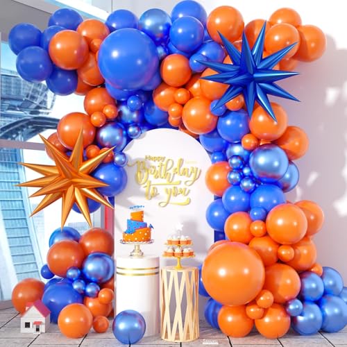 Saxuxu 102-Piece Orange and Blue Balloon Arch Garland Kit with Star Foil Balloons for Birthday, Graduation, Baby Shower Decorations