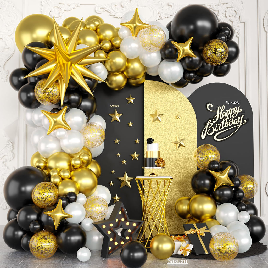 Saxuxu Black White Gold Balloon Arch Kit – 123 Pieces with Foil Stars and Confetti Balloons
