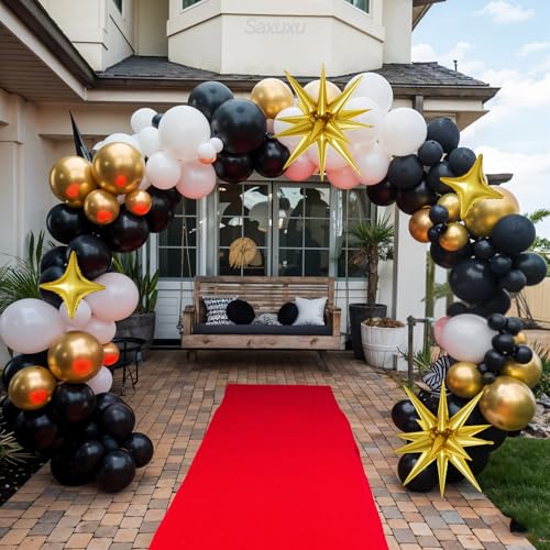 Saxuxu Black White Gold Balloon Arch Kit – 123 Pieces with Foil Stars and Confetti Balloons