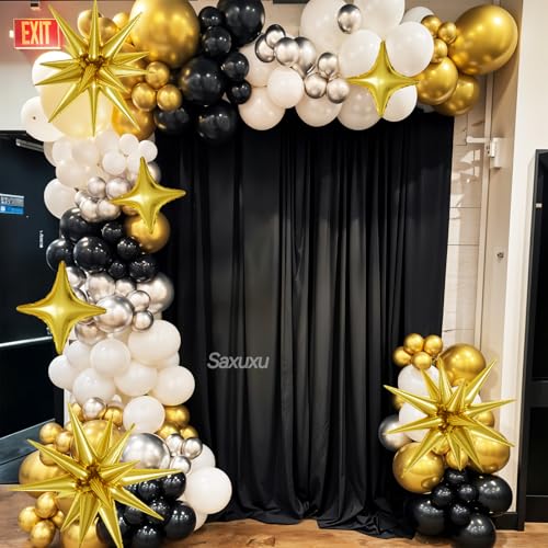 Saxuxu Black White Gold Balloon Arch Kit – 123 Pieces with Foil Stars and Confetti Balloons
