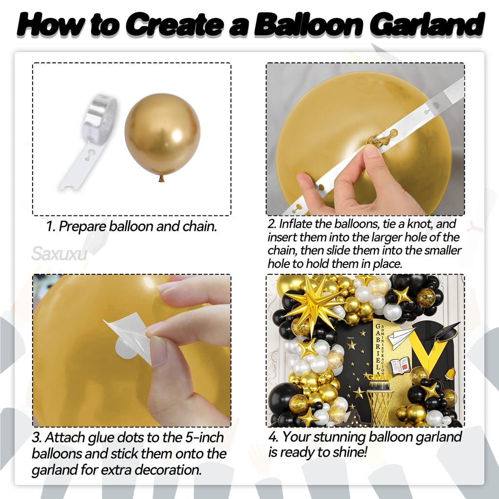 Saxuxu Black White Gold Balloon Arch Kit – 123 Pieces with Foil Stars and Confetti Balloons