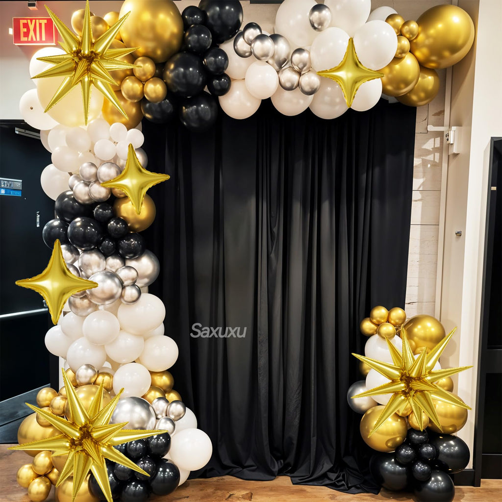 Saxuxu Black White Gold Balloon Arch Kit – 123 Pieces with Foil Stars and Confetti Balloons