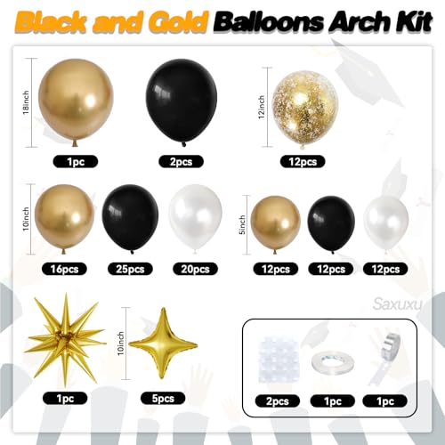 Saxuxu Black White Gold Balloon Arch Kit – 123 Pieces with Foil Stars and Confetti Balloons