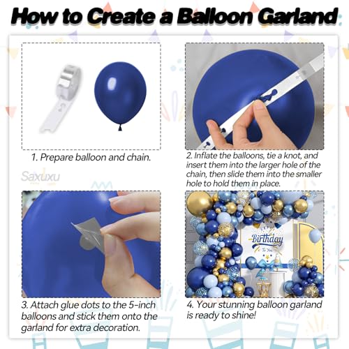 Saxuxu Blue and Gold Balloon Arch Kit – 128 Pieces for Birthday, Wedding & Party Decor