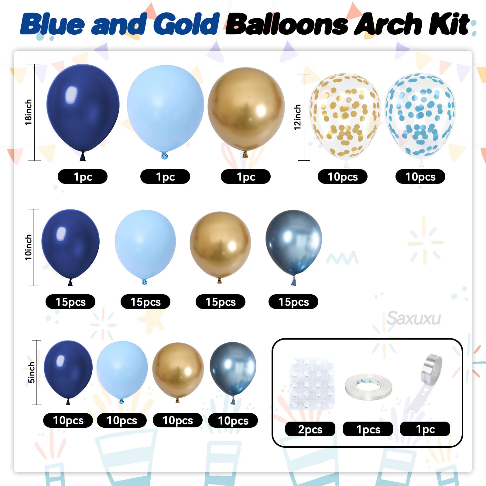 Saxuxu Blue and Gold Balloon Arch Kit – 128 Pieces for Birthday, Wedding & Party Decor