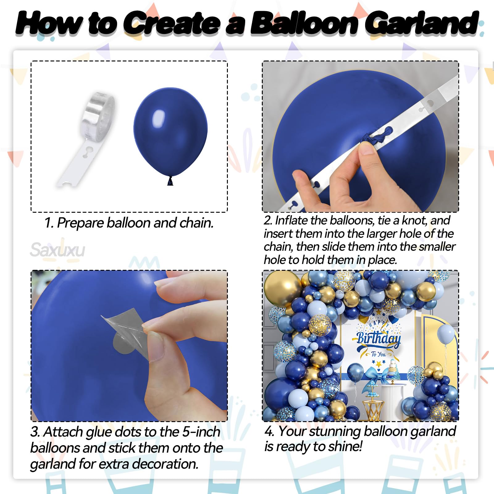 Saxuxu Blue and Gold Balloon Arch Kit – 128 Pieces for Birthday, Wedding & Party Decor
