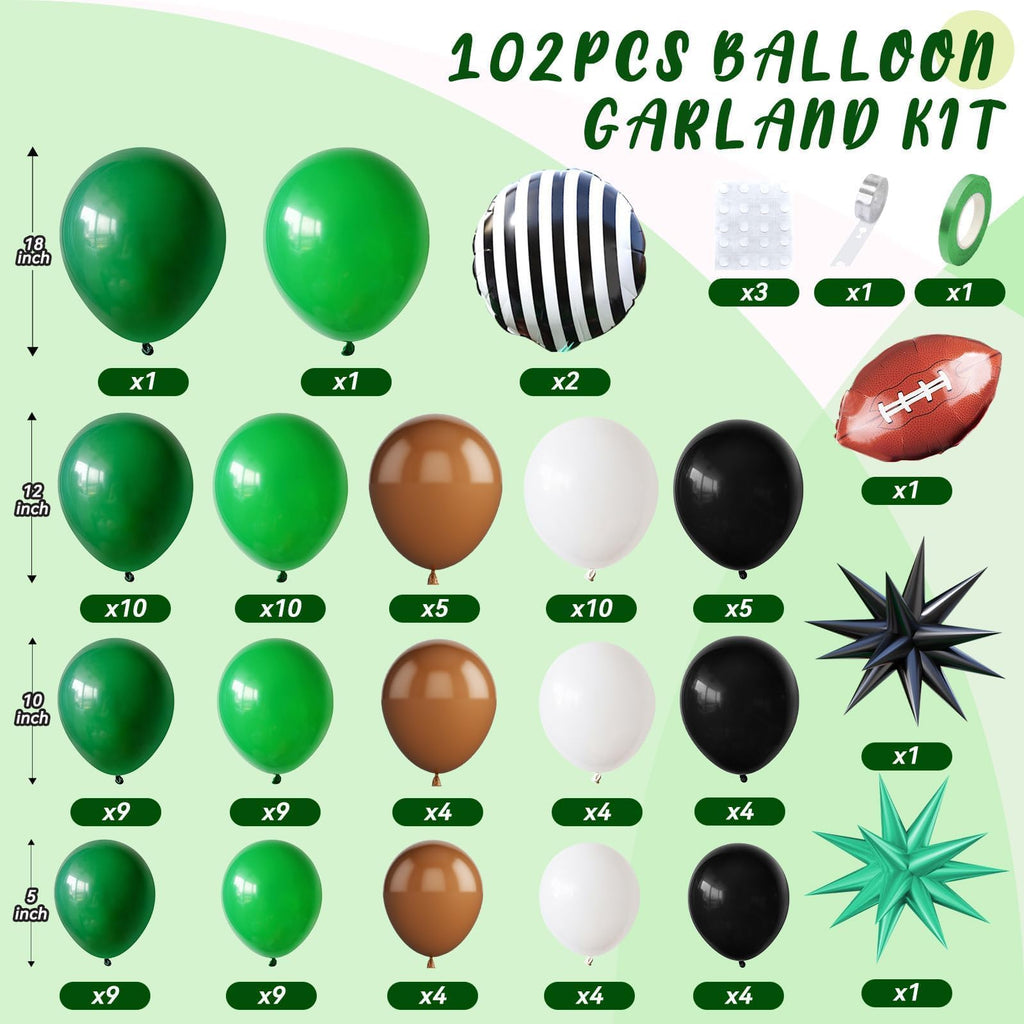 Saxuxu Football Balloon Arch Kit - 102 Balloons in Dark Green, Brown, White, Black for Sport Birthday Party Decor