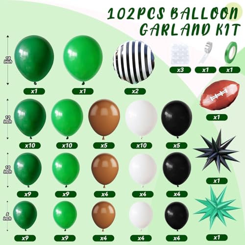 Saxuxu Football Balloon Arch Kit - 102 Balloons in Dark Green, Brown, White, Black for Sport Birthday Party Decor
