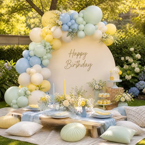 Saxuxu Pastel Green Blue Yellow Balloon Arch Kit – 129-Piece Macaron Texture Bee Theme Party Decorations